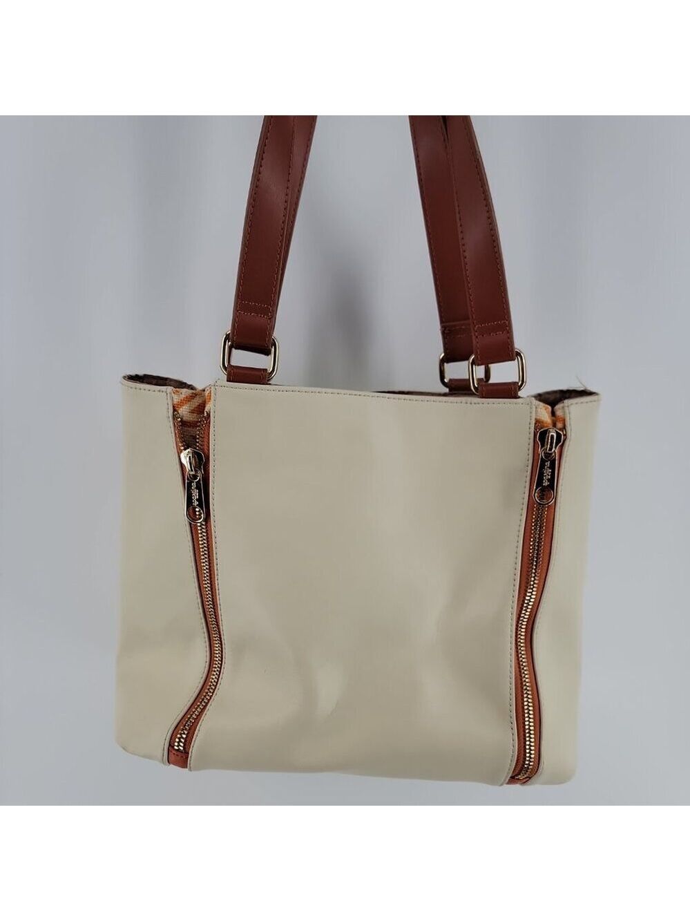 🌼 Spartina 449 Genuine Leather Expandable Tote – Cream & Caramel | Excellent - Picture 6 of 14